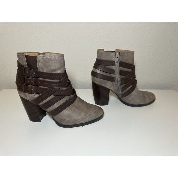 SOFFT Gray Brown Straps Chunky Block Heel Leather Ankle Booties Women's 8.5 - Picture 3 of 8